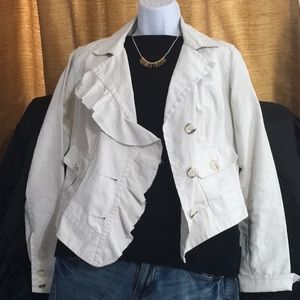 Cabi Jacket Linen Ruffle Asymmetrical Crop White